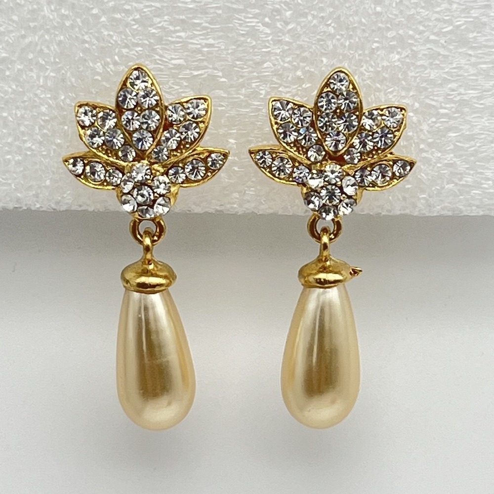 Vintage Rhinestone Gold Toned Faux Pearl Teardrop Earrings Mid‎ Century MCM